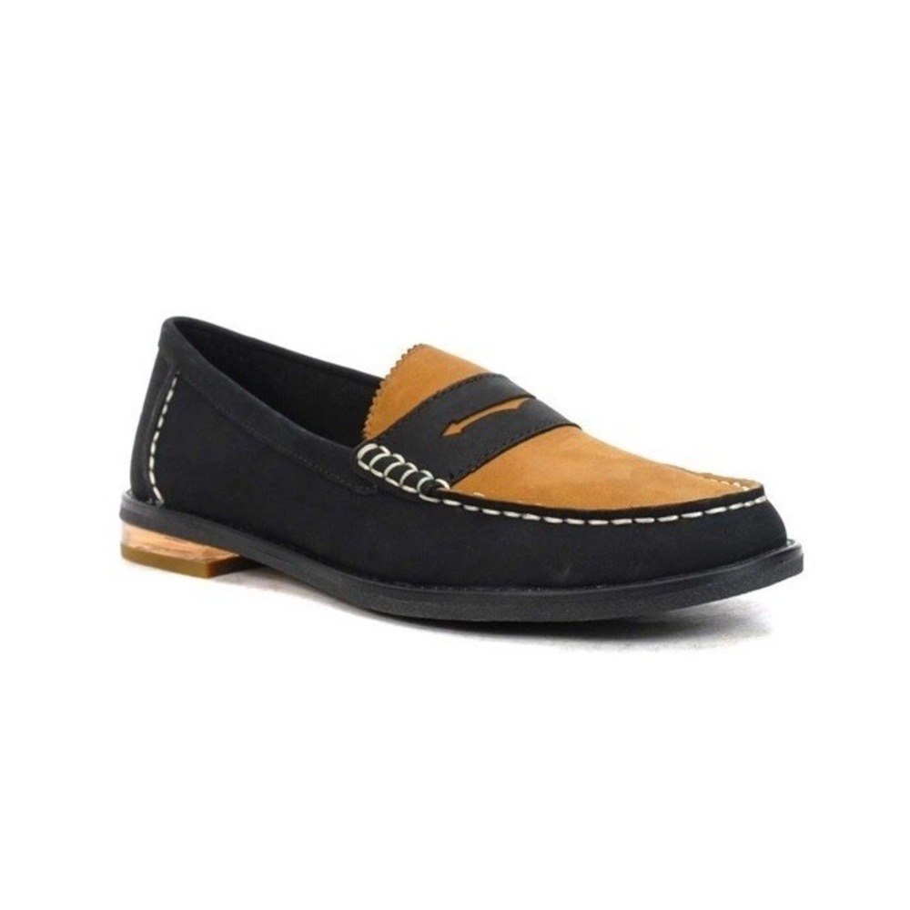 Sperry Women's Seaport Two-Tone Leather Black/Tan‎ Penny Loafers Size 6 - NWOB